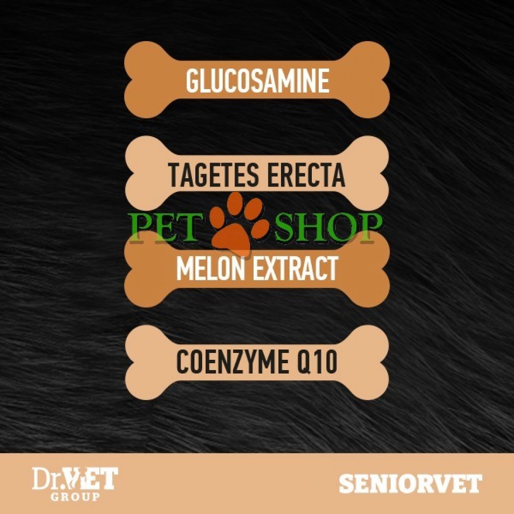 <p>Dr. Vet SeniorVet - supliment alimentar recomandat pentru includerea zilnică &icirc;n alimentația pisicilor și c&acirc;inilor cu v&acirc;rsta peste 7 ani, pentru menținerea stării generale de bine.</p>
