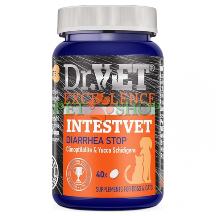 <p><strong>Dr. Vet IntestVet -&nbsp;</strong>este un produs destinat prevenirii și stopării diareei la c&acirc;ini și pisici. Contribuie la restabilirea absorbției intestinale normale și la eliminarea substanțelor nocive din tractul digestiv.</p>