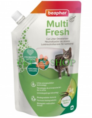 <p><strong>Beaphar Multi Fresh</strong>&nbsp;устраняет неприятные запахи и продлевает срок использования наполнителя для кошачьего туалета. <strong>С приятным ароматом ванили и дыни.</strong></p>