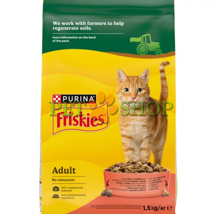 <p><strong>Hrană uscată Friskies pentru&nbsp;pisici adulte carne, pui, legume 1,5 kg</strong></p>