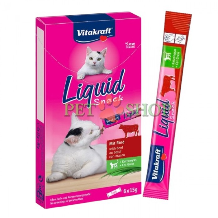 <p><strong>Vitakraft Cat Liquid Snack cu vită inulină</strong> - e&nbsp;sărac &icirc;n calorii și nu conține arome, coloranți sau conservanți artificiali.</p>