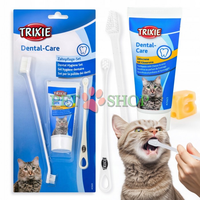 <p><strong>Trixie&nbsp;Набор для гигиены полости рта кошек - </strong>включает в себя<strong> </strong>зубную пасту 50 гр и&nbsp;2 зубные щетки с 3 различными головками (22 и 15см).</p>