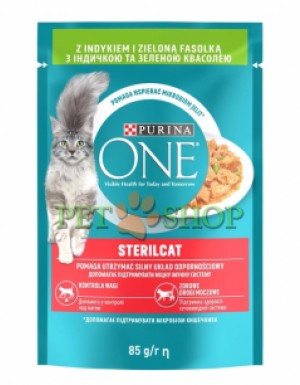 <p><strong>Hrana umeda Purina One, Sterilcat, Mini, Curcan si fasole verde in sos, 85 gr</strong></p>