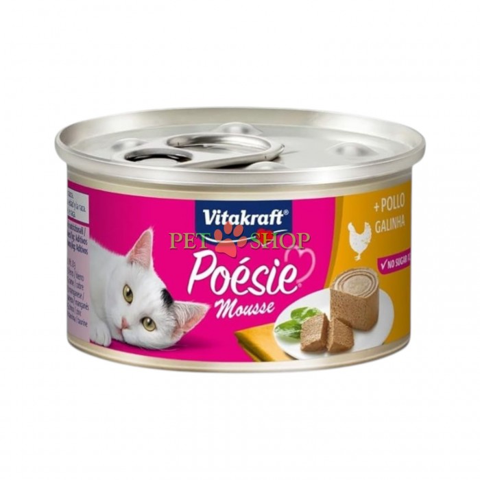 <p><strong>Vitakraft Po&eacute;sie Mousse Chicken -&nbsp;</strong>влажный корм-паштeт для взрослых кошек с нежным муссом на основе куриного мяса в лёгком соусе. Без зерна, сахара, искусственных красителей, консервантов и ароматизаторов.</p>
