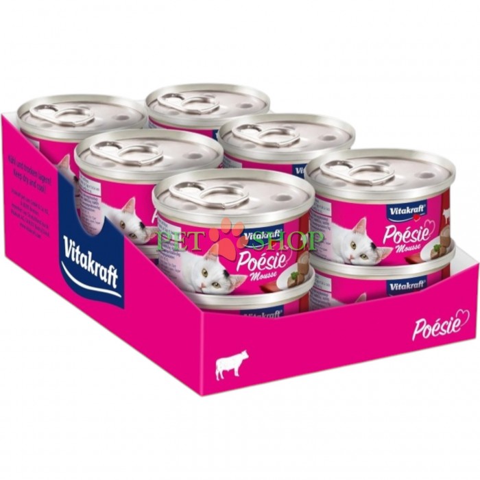 <p><strong>Vitakraft Po&eacute;sie Mousse Beef -&nbsp;</strong>влажный корм-паштeт для взрослых кошек с нежным муссом на основе мяса говядины в лёгком соусе. Без зерна, сахара, искусственных красителей, консервантов и ароматизаторов.</p>