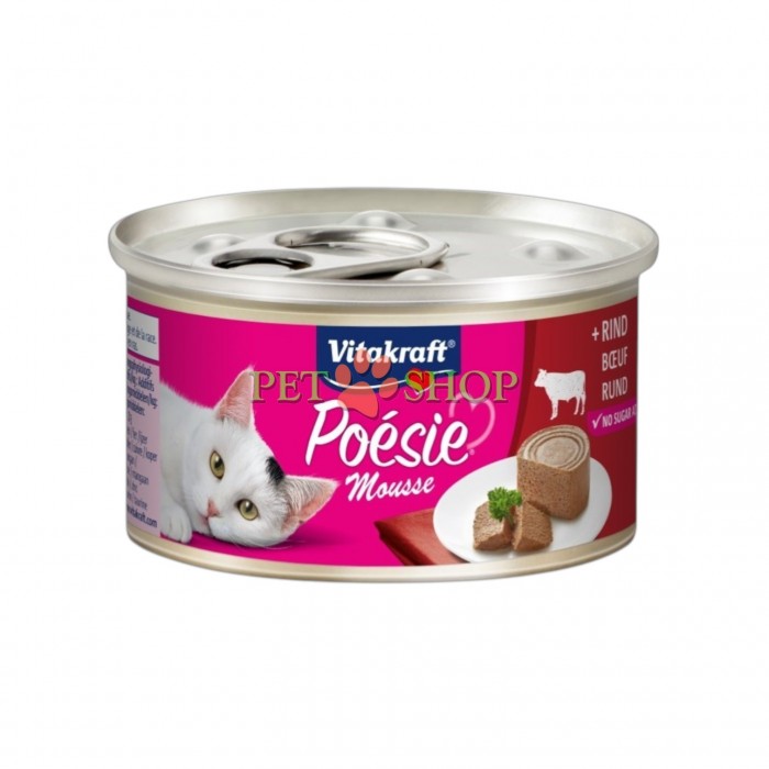 <p><strong>Vitakraft Po&eacute;sie Mousse Beef -&nbsp;</strong>влажный корм-паштeт для взрослых кошек с нежным муссом на основе мяса говядины в лёгком соусе. Без зерна, сахара, искусственных красителей, консервантов и ароматизаторов.</p>