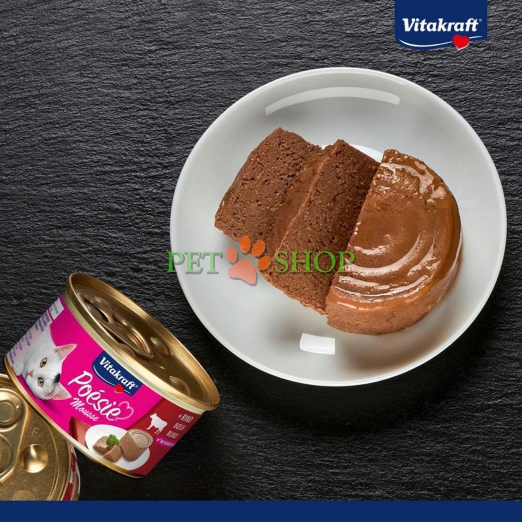 <p><strong>Vitakraft Po&eacute;sie Mousse Beef -&nbsp;</strong>влажный корм-паштeт для взрослых кошек с нежным муссом на основе мяса говядины в лёгком соусе. Без зерна, сахара, искусственных красителей, консервантов и ароматизаторов.</p>