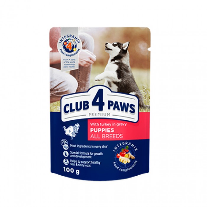 <p><strong>Club 4 Paws Premium Puppies All Breeds with Turkey in gravy</strong> Полнорационный консервированный корм для щенков с индейкой в ​​соусе.</p>