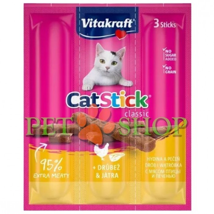 <p><strong>Vitakraft Sticks Poultry</strong>&nbsp;&mdash; это аппетитные мясные палочки с высоким содержанием белка, которые станут любимым угощением вашего кота. Содержат 95% ингредиентов животного происхождения, включая 6% мяса птицы и 6% печени. Имеют насыщенный вкус и аромат, не содержат добавленного сахара и искусственных усилителей вкуса.</p>