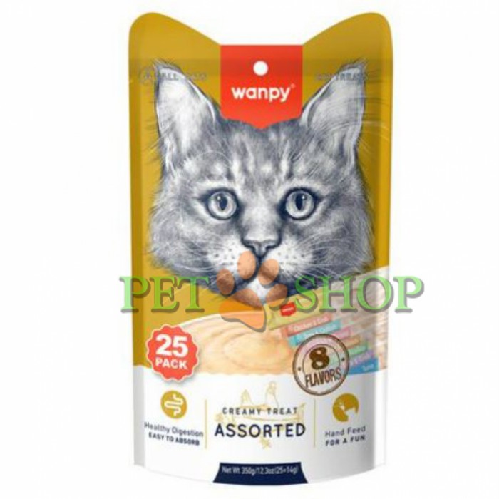 <p><strong>Аппетитное лакомство с кремовой текстурой на основе мяса для взрослых кошек и котят старше 3 месяцев, 14 грамм 1 пакетик, в упаковке ассорти 8 вкусов, 25 штук</strong></p>