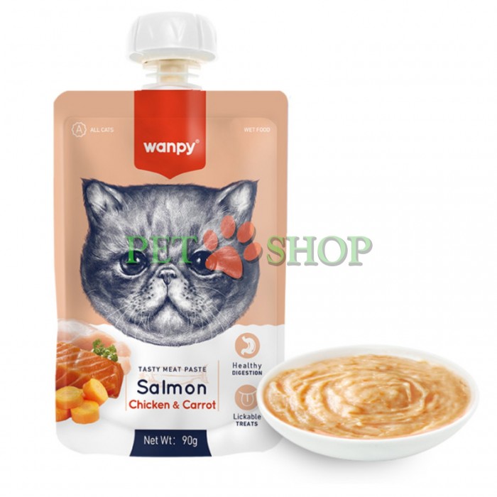 <p>WANPY Tasty Meat Paste Somon și Pui, pastă de carne pentru pisici, 90 g</p>