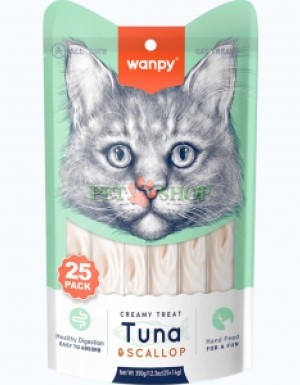 <p><strong>Wanpy Creamy Lickable Treats Tuna, Scallop</strong> &ndash; gustare lichidă pentru pisici cu ton și scoici, 25 buc. a c&acirc;te 14 g (1 plic).</p>