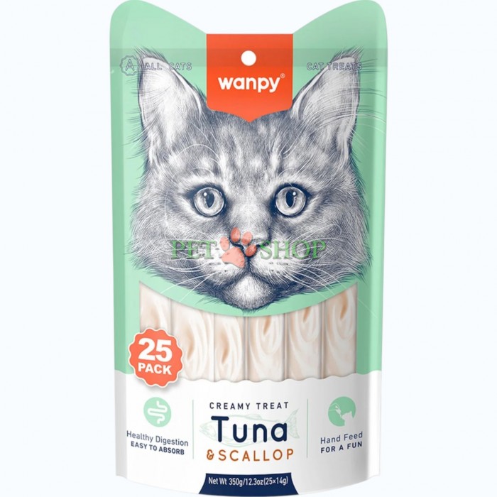 <p><strong>Wanpy Creamy Lickable Treats Tuna, Scallop</strong> &ndash; gustare lichidă pentru pisici cu ton și scoici, 25 buc. a c&acirc;te 14 g (1 plic).</p>