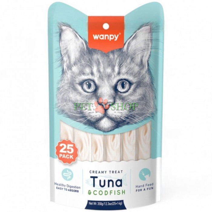 <p><strong>Wanpy Creamy Lickable Treats Tuna,&nbsp;Codfish - жидкое лакомство с тунцом и треской для котов 25 шт. по 14 гр (1 пакетик)</strong></p>
