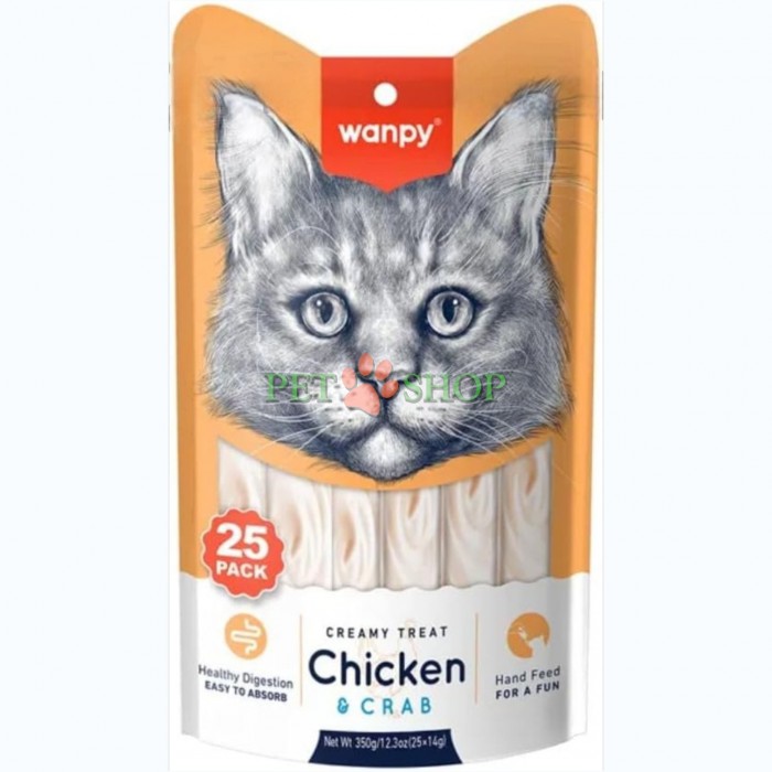 <p><strong>Аппетитное лакомство с кремовой текстурой на основе куриного мяса и краба для взрослых кошек и котят старше 3 месяцев, 25 шт по 14 грамм (1 пакетик)</strong></p>