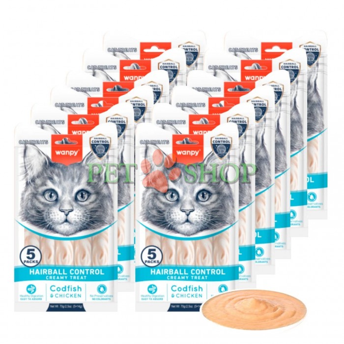 <p><strong>Wanpy Cat Functional Creamy Treats Codfish, Chicken Hairball Control &mdash; функциональное кремовое лакомство для кошек со вкусом курицы и трески, разработанное для профилактики образования шерстяных комков.&nbsp;</strong>Подходит для кошек всех пород и возрастов от 3 месяцев,&nbsp;14 грамм 1 пакетик.</p>