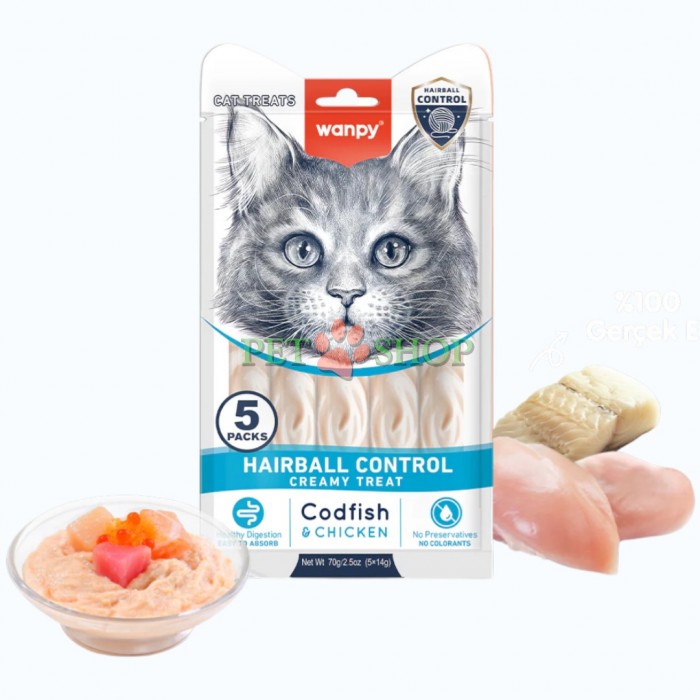 <p><strong>Wanpy Cat Functional Creamy Treats Codfish, Chicken Hairball Control &mdash; функциональное кремовое лакомство для кошек со вкусом курицы и трески, разработанное для профилактики образования шерстяных комков.&nbsp;</strong>Подходит для кошек всех пород и возрастов от 3 месяцев,&nbsp;14 грамм 1 пакетик.</p>