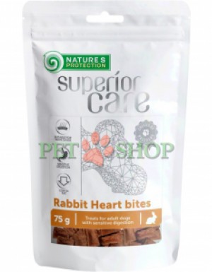 <p><strong>Nature's Protection Superior Care Rabbit Heart Bites - </strong>беззерновое лакомство в виде кусочков из куриного мяса и кроличьих сердечек для склонных к аллергии взрослых собак и любимцев с белым окрасом шерсти. Данные лакомства не содержат искусственных красителей, антиоксидантов и усилителей вкуса, в их составе &mdash; только природные ингредиенты, полезные для организма питомца.&nbsp;<strong>Подходит для собак старше 3 месяца.</strong></p>