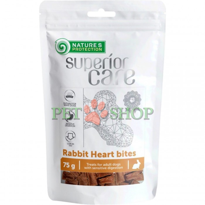 <p><strong>Nature's Protection Superior Care Rabbit Heart Bites - </strong>беззерновое лакомство в виде кусочков из куриного мяса и кроличьих сердечек для склонных к аллергии взрослых собак и любимцев с белым окрасом шерсти. Данные лакомства не содержат искусственных красителей, антиоксидантов и усилителей вкуса, в их составе &mdash; только природные ингредиенты, полезные для организма питомца.&nbsp;<strong>Подходит для собак старше 3 месяца.</strong></p>