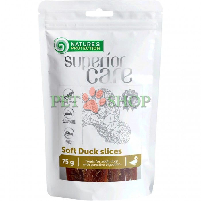 <p><strong>Nature's Protection Superior Care Soft Duck Slices - </strong>беззерновое лакомство в виде мягких полосок из мяса утки для склонных к аллергии взрослых собак и любимцев с белым окрасом шерсти.&nbsp;Данные лакомства не содержат искусственных красителей, антиоксидантов и усилителей вкуса, в их составе &mdash; только природные ингредиенты, полезные для организма питомца.&nbsp;<strong>Подходит для собак старше 3 месяца.</strong></p>