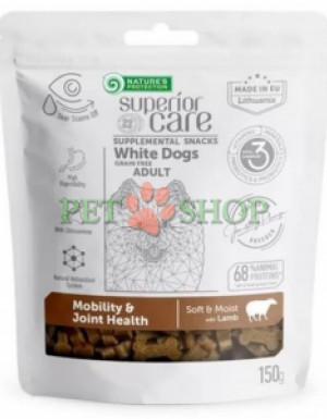 <p><strong>Nature&rsquo;s Protection Superior Care White Dogs Mobility, Joint Health Lamb</strong> &mdash; recompensă fără cereale, suplimentară, pentru susținerea mobilității și a sănătății articulațiilor, cu miel, destinată c&acirc;inilor adulți de toate rasele cu blană albă sau deschisă la culoare. Snack-urile ajută la asigurarea aportului zilnic de vitamine, minerale, prebiotice și probiotice esențiale.</p>