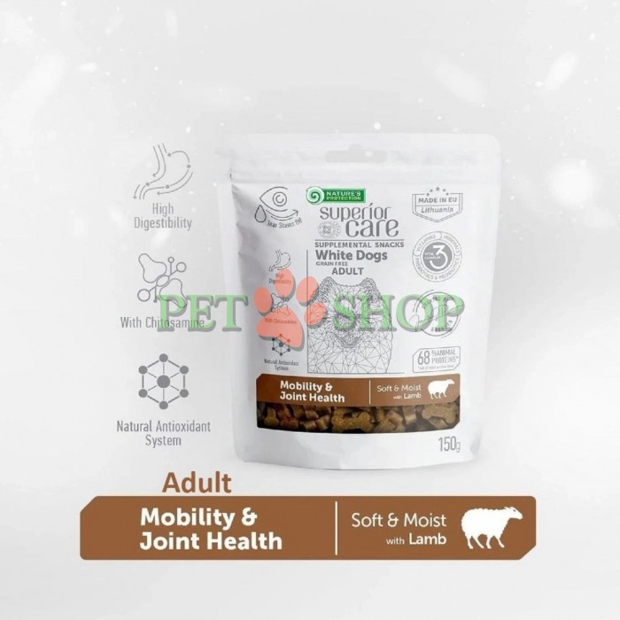 <p><strong>Nature&rsquo;s Protection Superior Care White Dogs Mobility, Joint Health Lamb</strong> &mdash; recompensă fără cereale, suplimentară, pentru susținerea mobilității și a sănătății articulațiilor, cu miel, destinată c&acirc;inilor adulți de toate rasele cu blană albă sau deschisă la culoare. Snack-urile ajută la asigurarea aportului zilnic de vitamine, minerale, prebiotice și probiotice esențiale.</p>