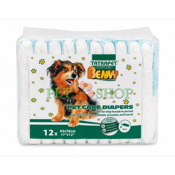 <p><strong>Tatrapet &nbsp;Benny&nbsp;Pet Care Diapers -&nbsp;</strong>одноразовые гигиенические подгузники для собак&nbsp;размером 43x30 см.&nbsp;Подходят для сук в период течки, при недержании или в поездках.</p>