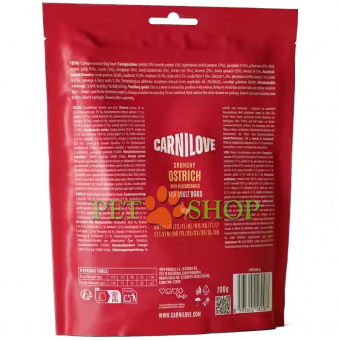 <p><strong>Carnilove (Карнилав) Dog Crunchy Snack Ostrich</strong>&nbsp;<strong>with Blackberries&nbsp;</strong>&ndash; очень нежное и хрустящее лакомство для взрослых собак всех пород с мясом страуса и ежевикой.</p>