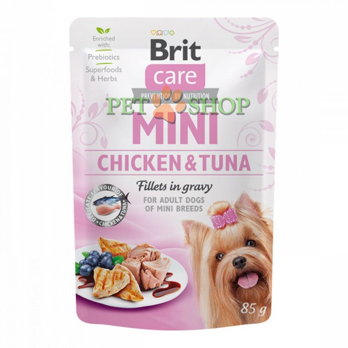 <p><strong>Brit Care Mini Chicken, Tuna fillets in gravy Консервы для собак малых пород с курицей и тунцом в соусе 85 грамм</strong></p>