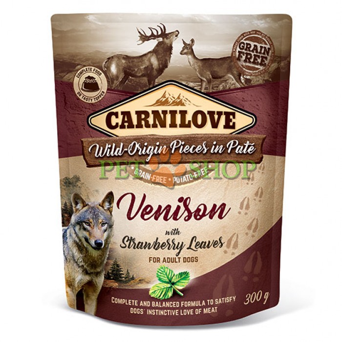 <p><strong>Carnilove Venison with Strawberry Leaf 300 грамм Кусочки мяса оленины с листьями клубники в паштете</strong></p>