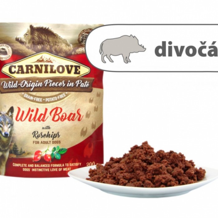 <p><strong>Carnilove Wild Boar with Rosehip 300 gramm, O mâncare completă sau un topping delicios pentru granule. Fără cereale, cartofi, OMG, soia, conservanți sau coloranți. Conținut ridicat de carne 85%, Carnea de porc mistreț.</strong></p>