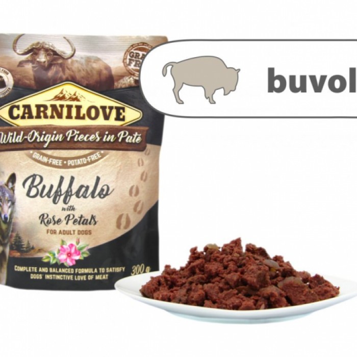 <p><strong>Carnilove Buffalo with Rose Petals 300 gramm, O mâncare completă sau un topping delicios pentru granule. Fără cereale, cartofi, OMG, soia, conservanți sau coloranți. Conținut ridicat de carne 85%.</strong></p>
