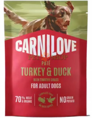 <p><strong>Carnilove Turkey, Duck with Timothy Grass</strong> &ndash; pateu din carne &icirc;n plic, cu curcan, rață și iarbă de timotei. Pentru c&acirc;ini adulți de toate rasele.&nbsp;<strong>Carne proaspătă și subproduse de origine animală &ndash; Fără cereale &ndash; Fără conservanți artificiali, arome artificiale și coloranți.</strong></p>