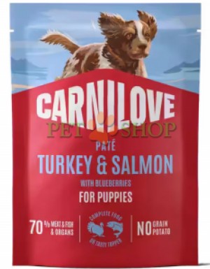 <p><strong>Carnilove&nbsp;Turkey&nbsp;</strong><strong>Salmon with Blueberries for puppies -&nbsp;</strong>мясной паштет в пауче с индейкой, лососем и черникой. Для щенков всех пород в возрасте от 1 до 12 месяцев.&nbsp;<strong>Свежее мясо и субпродукты -&nbsp;Без зерна и картофеля -&nbsp;Без искусственных консервантов, ароматизаторов и красителей.</strong></p>