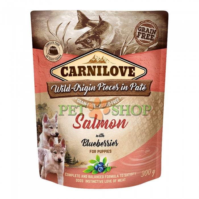 <p><strong>Carnilove Salmon with Blueberries for puppies 300 gramm - O mâncare completă sau un topping delicios pentru granule. Fără cereale, cartofi, OMG, soia, conservanți sau coloranți. Conținut ridicat de carne 85%.</strong></p>