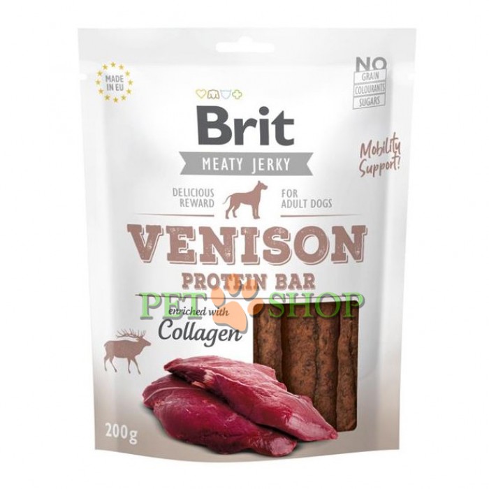 <p><strong>Brit Jerky Snack–Venison Protein bar. </strong>Hrană suplimentară pentru câini adulți.</p>