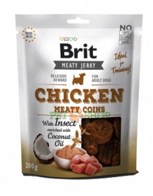<p><strong>Brit Jerky Snack–Meaty coins with Insect. </strong>Hrană suplimentară pentru câini adulți.</p>