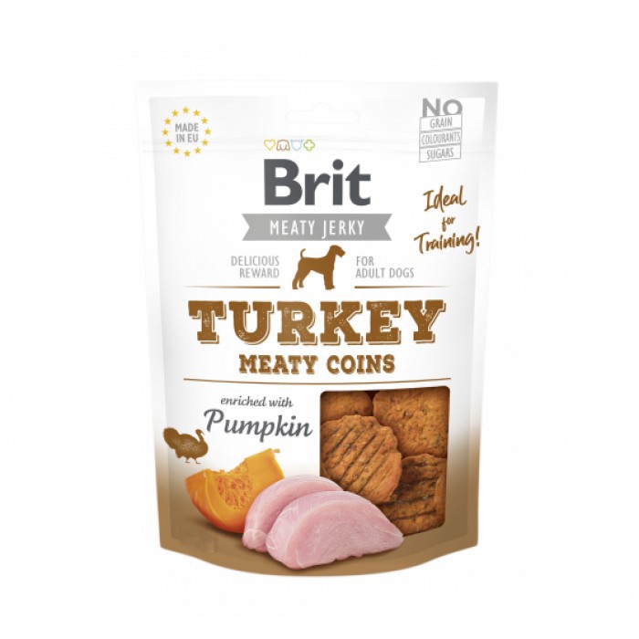 <p><strong>Brit Jerky Snack – Turkey Meaty coins. </strong>Hrană suplimentară pentru câini adulți. </p>