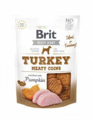 <p><strong>Brit Jerky Snack – Turkey Meaty coins. </strong>Hrană suplimentară pentru câini adulți. </p>
