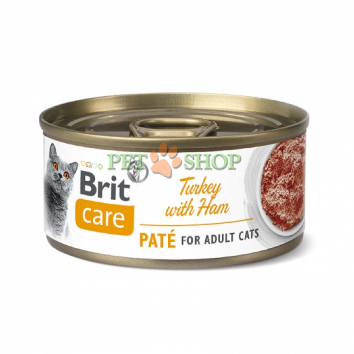 <p><strong>Brit Care Cat 70 грамм c индейкой с ветчиной. Вкусный деликатесный паштет со сбалансированной рецептурой понравится даже самой избирательной кошке.</strong></p>