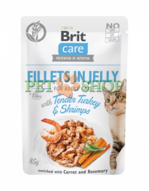 <p><strong>Brit Care Cat филе в желе с нежной индейкой и креветками. Обогащен морковью и розмарином. Комплексный мокрый корм супер-премиум класса для взрослых кошек.</strong></p>