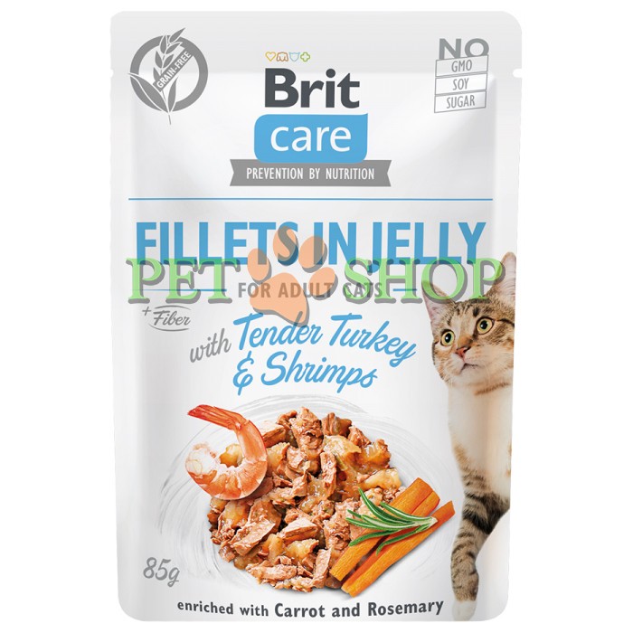 <p><strong>Brit Care Cat филе в желе с нежной индейкой и креветками. Обогащен морковью и розмарином. Комплексный мокрый корм супер-премиум класса для взрослых кошек.</strong></p>