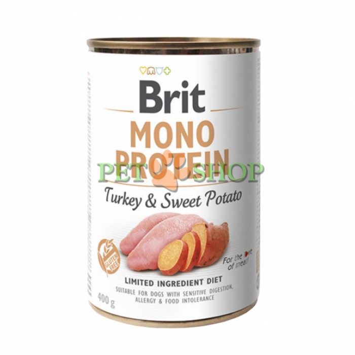 <p><strong>Консервы Brit Mono Protein Turkey, Sweet Potato содержат 100% натурального белка из мяса свежей индейки, дополненное полезным сладким картофелем, Великолепно подходят для собак с чувствительным пищеварением, аллергией и пищевой непереносимостью.</strong></p>