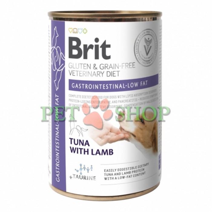 <p><strong>Brit VET Diet Dog Gastrointestinal LOW FAT 400 gr -&nbsp;</strong>влажный корм для собак со вкусом тунца и ягненка с мальабсорбцией липидов, энтеропатией с потерей белка и панкреатитом. Уменьшает нарушения всасывания в кишечнике и компенсирует нарушение пищеварения.</p>