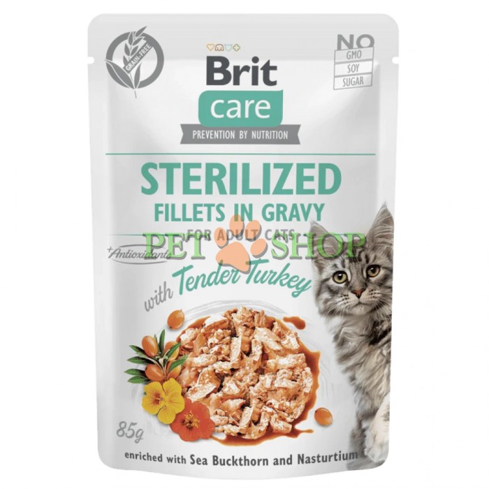 <p><strong>Кошка Brit Care стерилизована. Филе в соусе с нежной индейкой, обогащенное облепихой и настурцией.</strong></p>