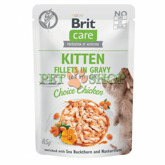 <p><strong>Brit Care влажный корм для котят с Куриным филе в соусе, обогащенное облепихой и настурцией. Полноценный беззерновой влажный корм суперпремиум-класса для котят.</strong></p>