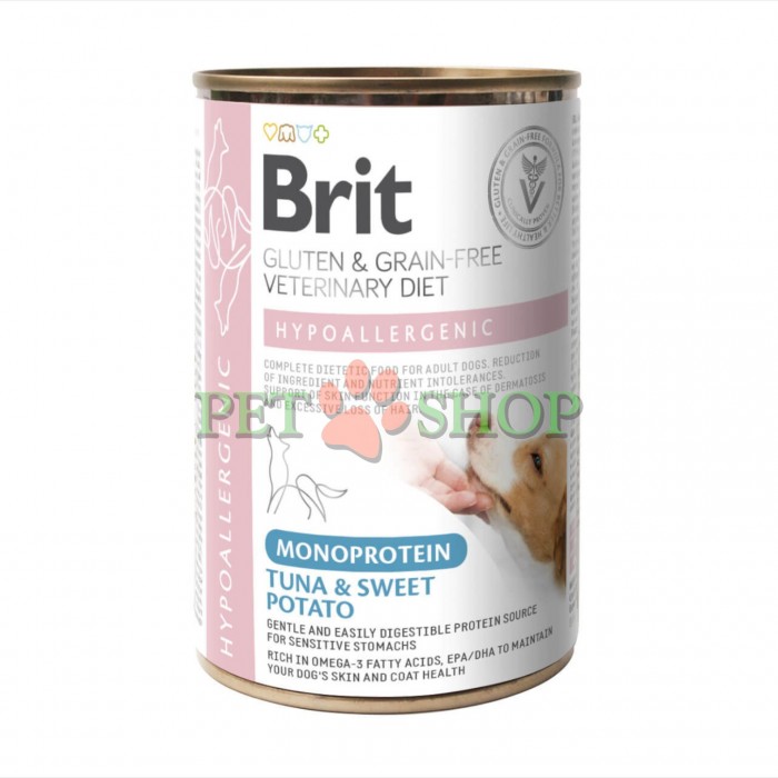 <p><strong>Brit GF Veterinary Diets Dog Hypoallergenic 400gr</strong> - hrană umedă cu ton și cartof dulce pentru c&acirc;ini cu probleme dermatologice și gastrointestinale cauzate de intoleranțe alimentare (alergii alimentare/intoleranță alimentară).</p>