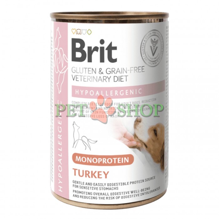 <p><strong>Brit GF Veterinary Diets Dog Hypoallergenic Turkey</strong> -&nbsp; полнорационный диетический корм для взрослых собак. Снижение непереносимости ингредиентов и питательных веществ. Поддержка функции кожи при дерматозах и чрезмерной потере шерсти.</p>
