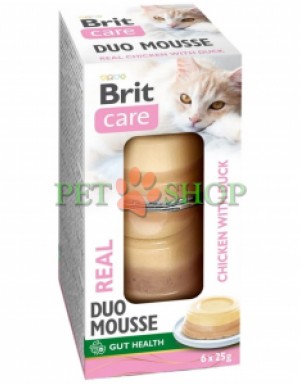 <p><strong>Brit Care Cat Real Duo Mousse&nbsp;Chicken with Duck - </strong>дополнительный суперпремиальный влажный корм для кошек в виде нежного двухслойного мусса, с высоким содержанием мяса и функциональными ингредиентами для поддержания здоровья и хорошего самочувствия. <strong>В упаковке идет 6 маленьких консерв по 25 грамм (итого 150 гр) со вкусом курицы и утки.</strong></p>
