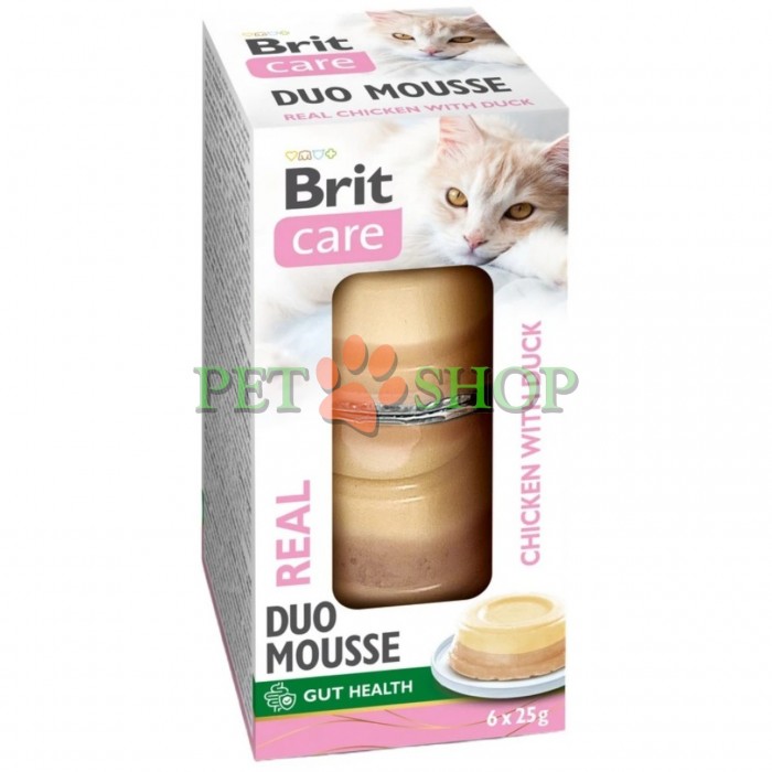 <p><strong>Brit Care Cat Real Duo Mousse&nbsp;Chicken with Duck - </strong>дополнительный суперпремиальный влажный корм для кошек в виде нежного двухслойного мусса, с высоким содержанием мяса и функциональными ингредиентами для поддержания здоровья и хорошего самочувствия. <strong>В упаковке идет 6 маленьких консерв по 25 грамм (итого 150 гр) со вкусом курицы и утки.</strong></p>
